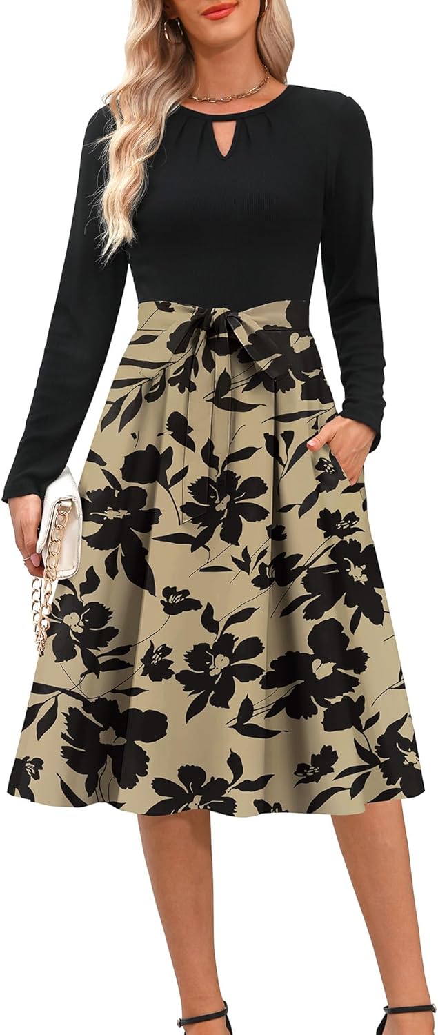 Kranda Women 2025 Fall Long Sleeve Midi Dress with Pockets