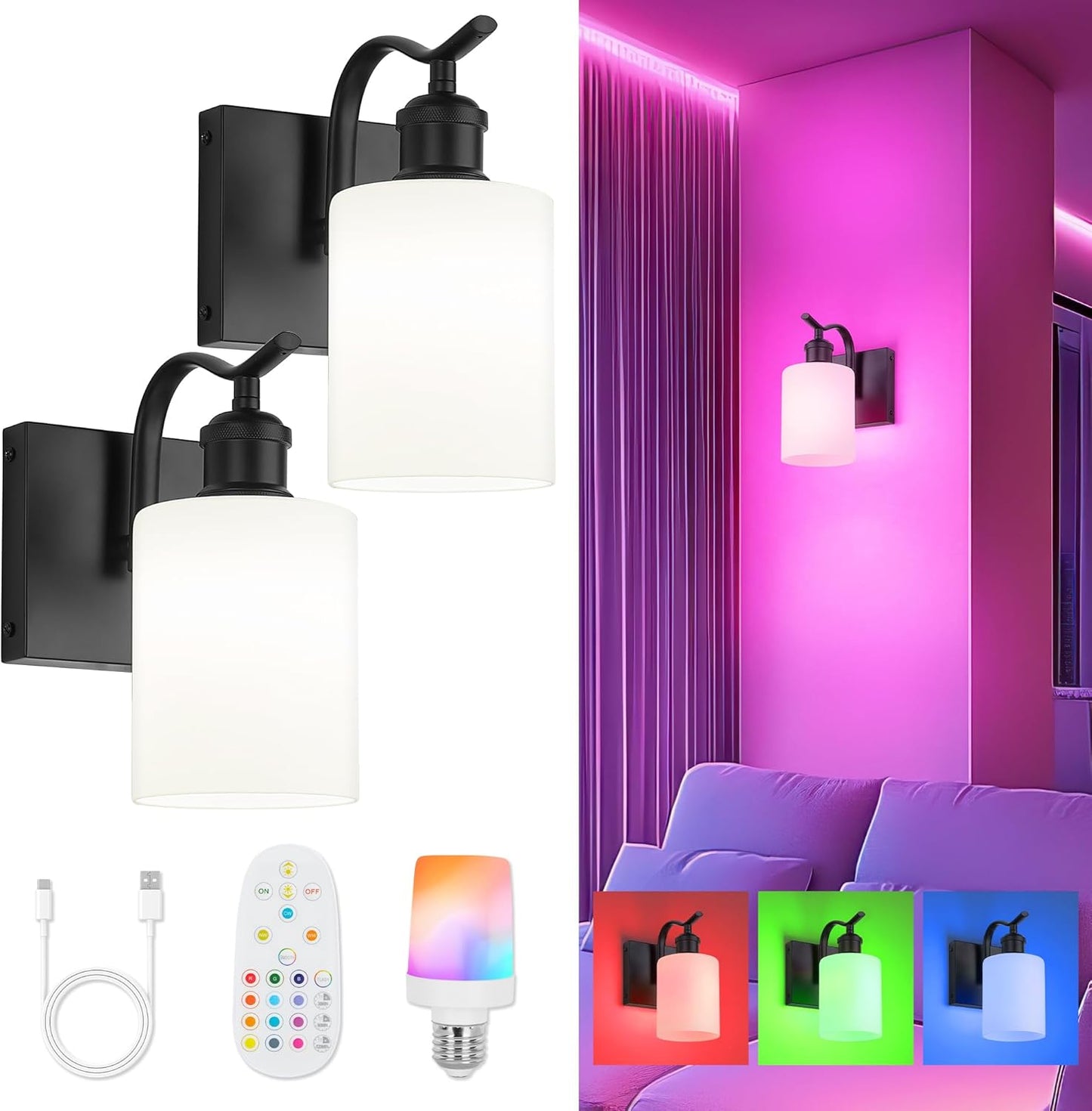 Battery Operated Wall Sconces Set of 2 with RGB Colors