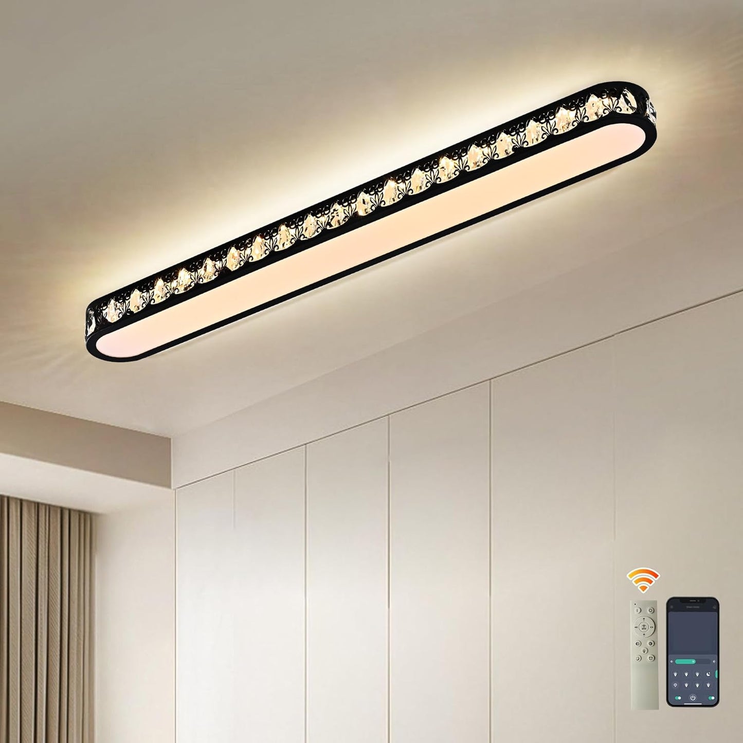 Qcyuui 4FT Modern Crystal Ceiling Light with Remote Control