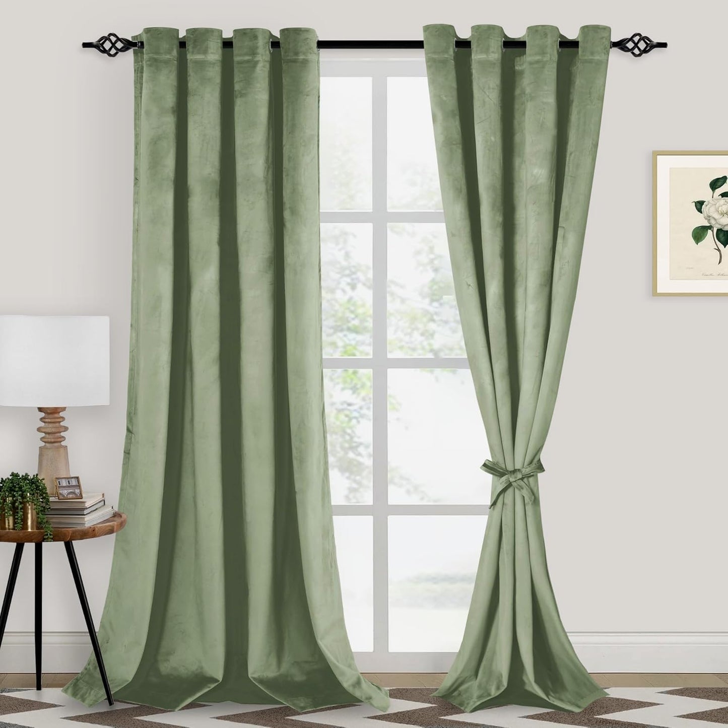 Set of 2 Sage Green Velvet Blackout Curtains 108