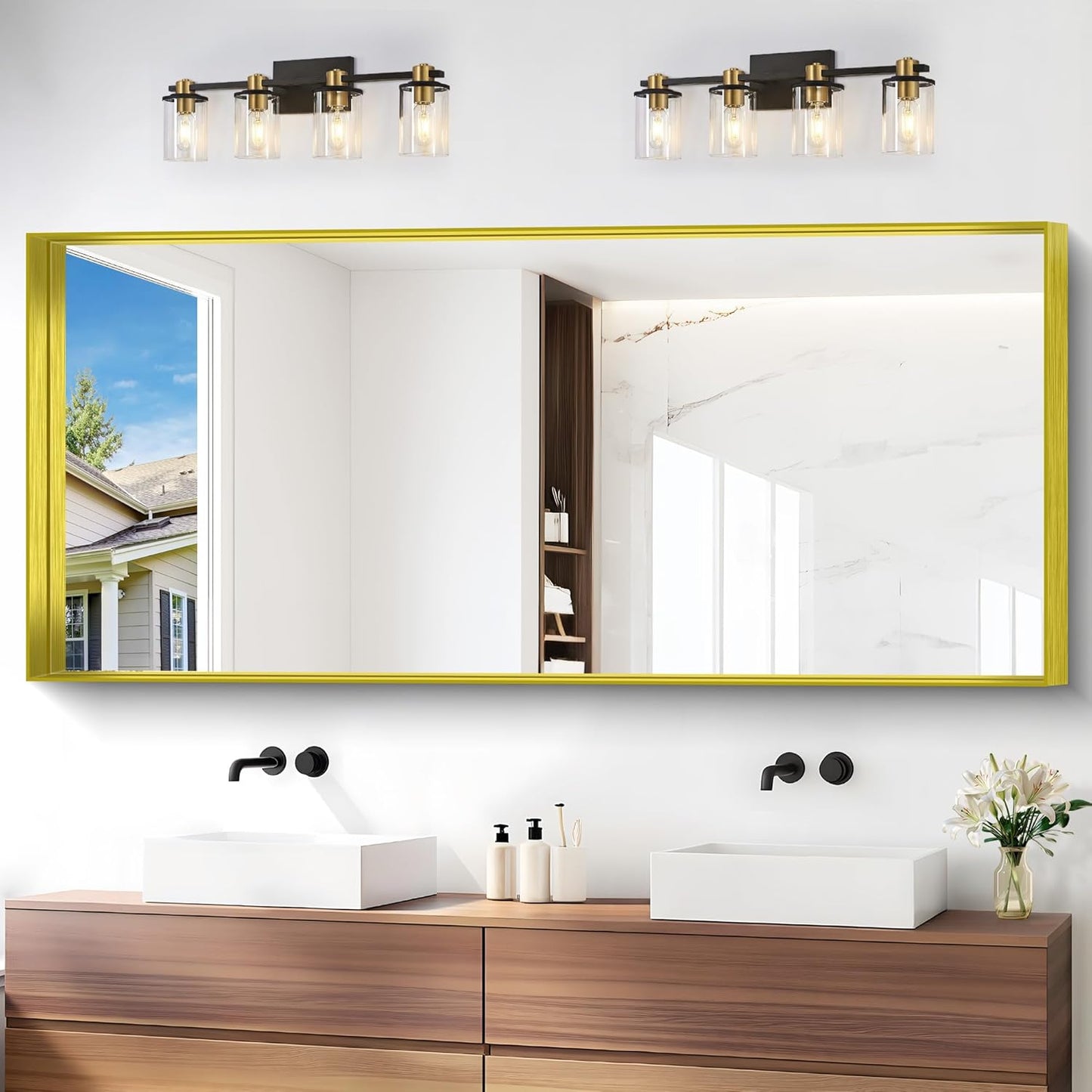 Gold Bathroom Mirror 72x30 Inch Rectangular Framed Design