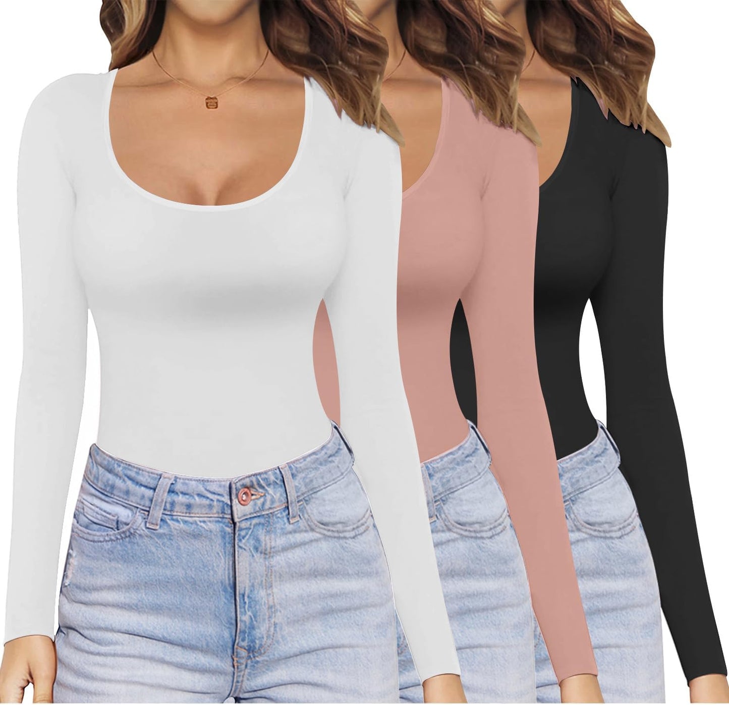 Ekouaer Womens Long Sleeve Scoop Neck Tops 3 Pack for All Seasons