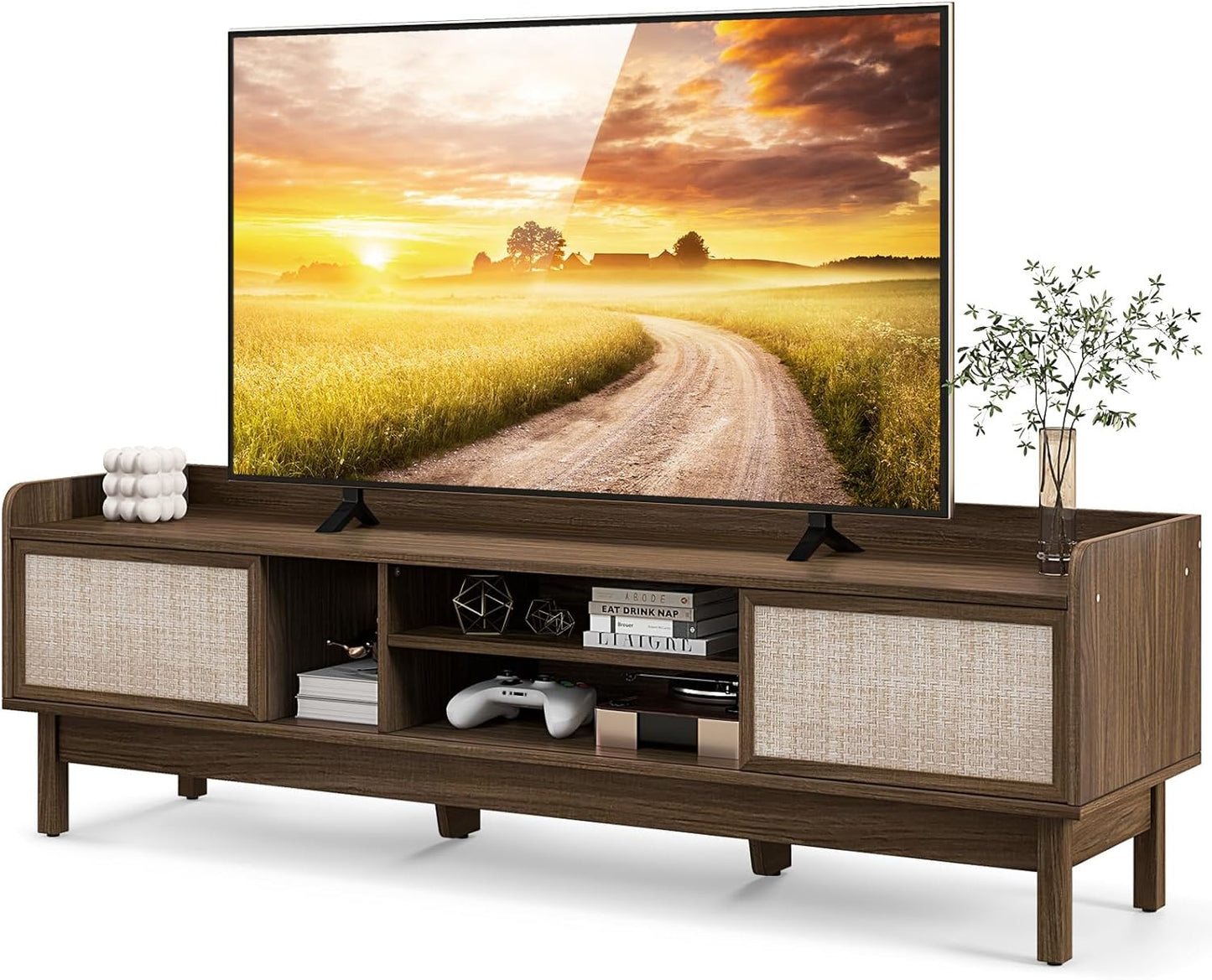 Mid-Century TV Stand w/ Storage & Sliding Doors