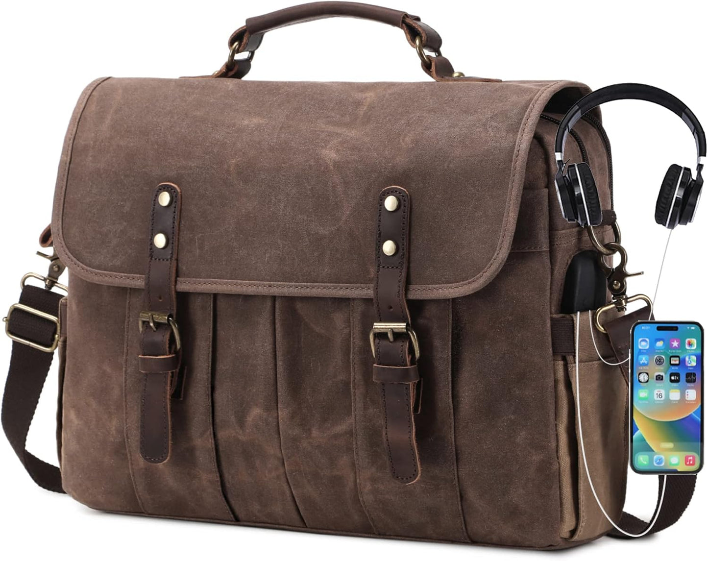 Vintage Canvas Messenger Bag for Men with Genuine Leather