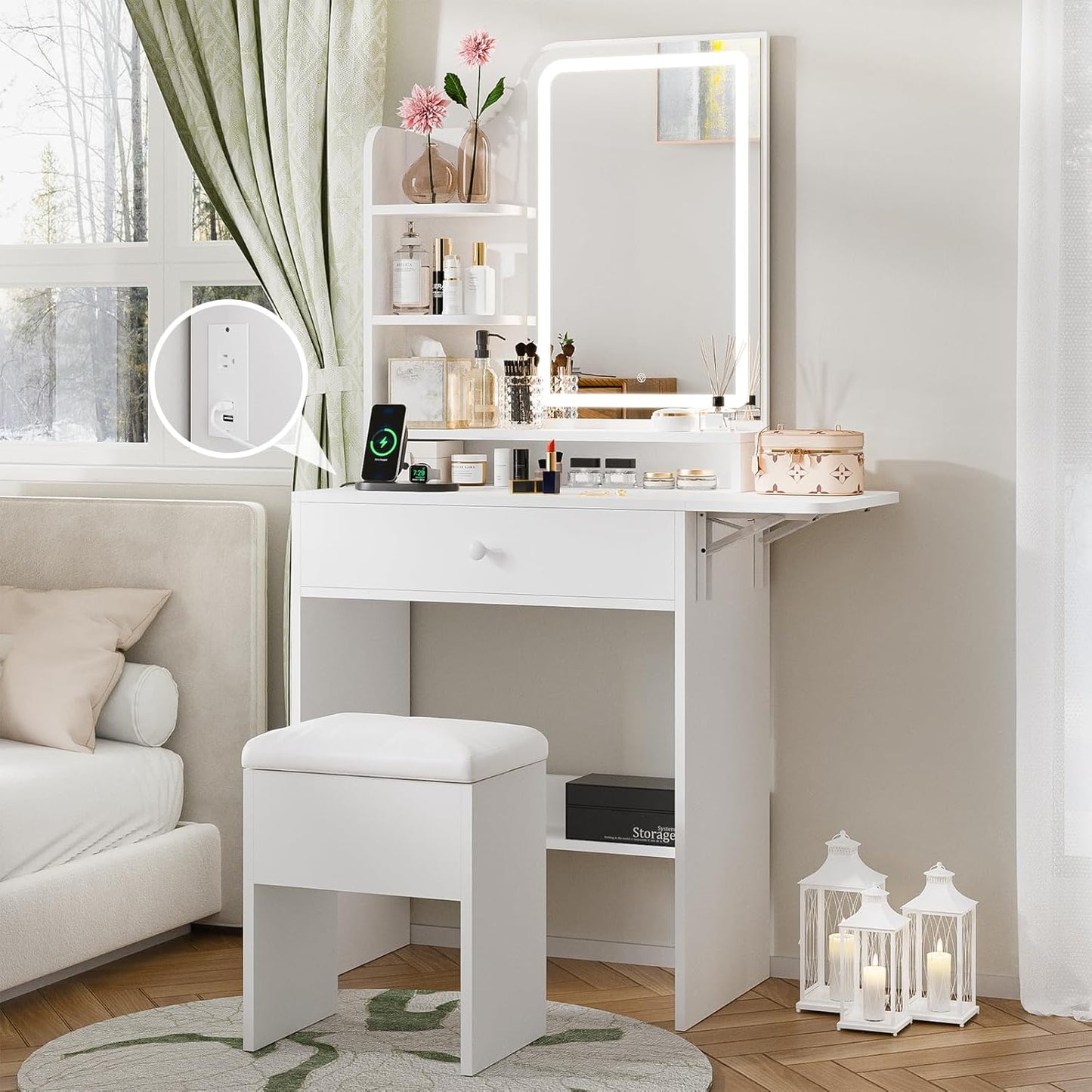 Haewon White Makeup Vanity Desk with Lights & Storage