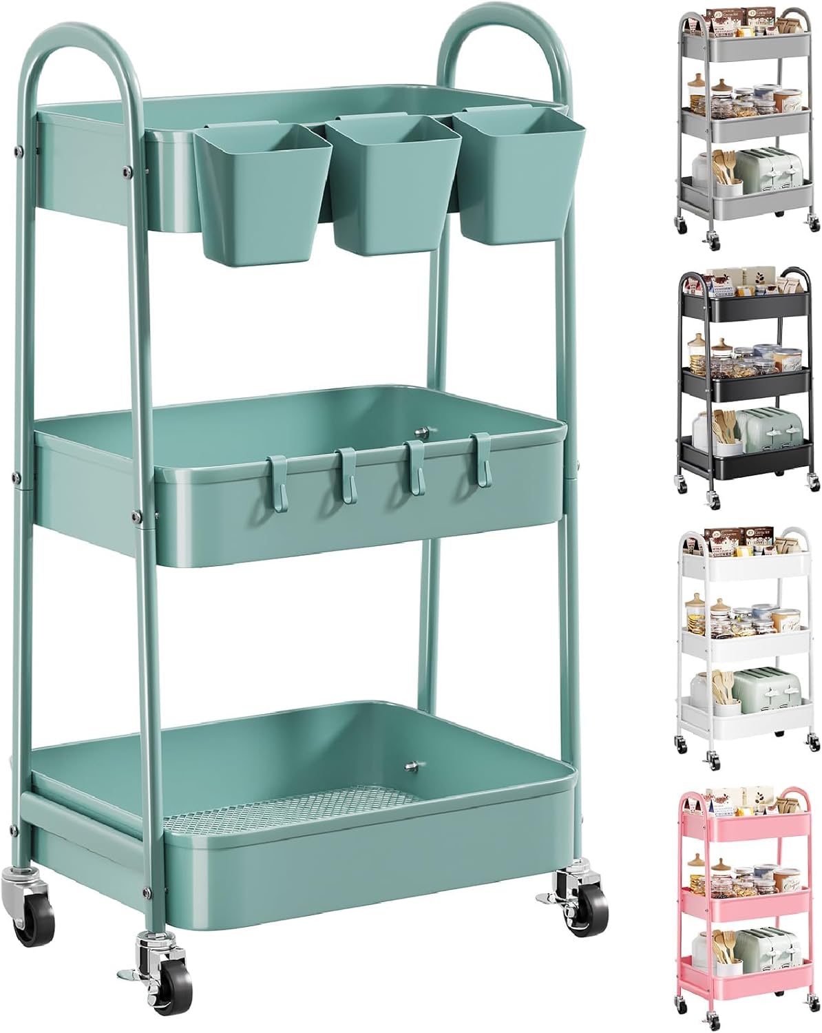 3 Tier Green Metal Rolling Cart with Lockable Wheels for Storage