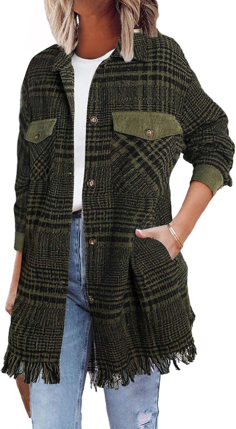 SHEWIN Womens Casual Plaid Shacket Long Sleeve Oversized Shirt