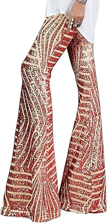BLENCOT Sequin Pants for Women High Waist Bell Bottoms Style