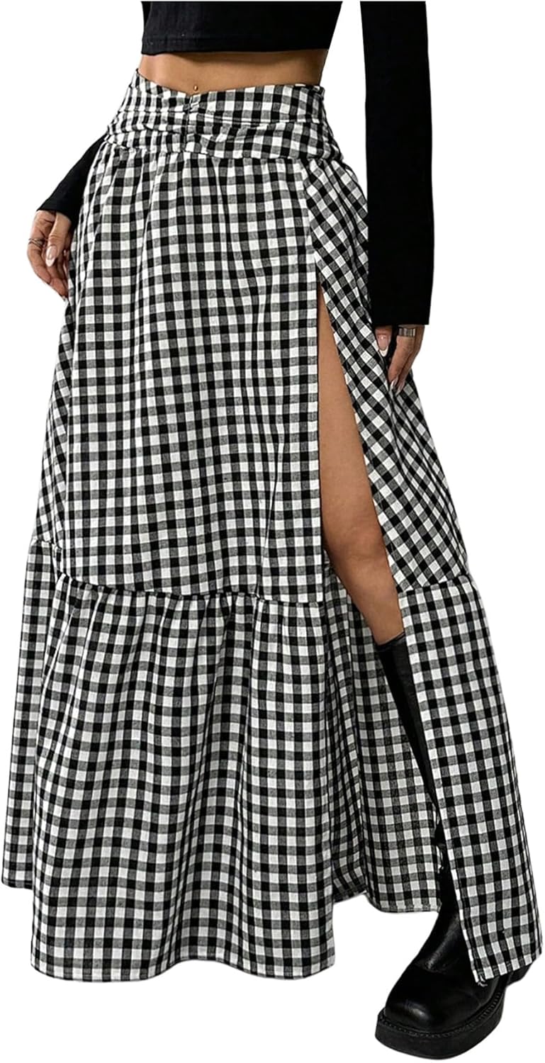 SHENHE Women's Boho Maxi Skirt with High Slit and Ruffle Hem