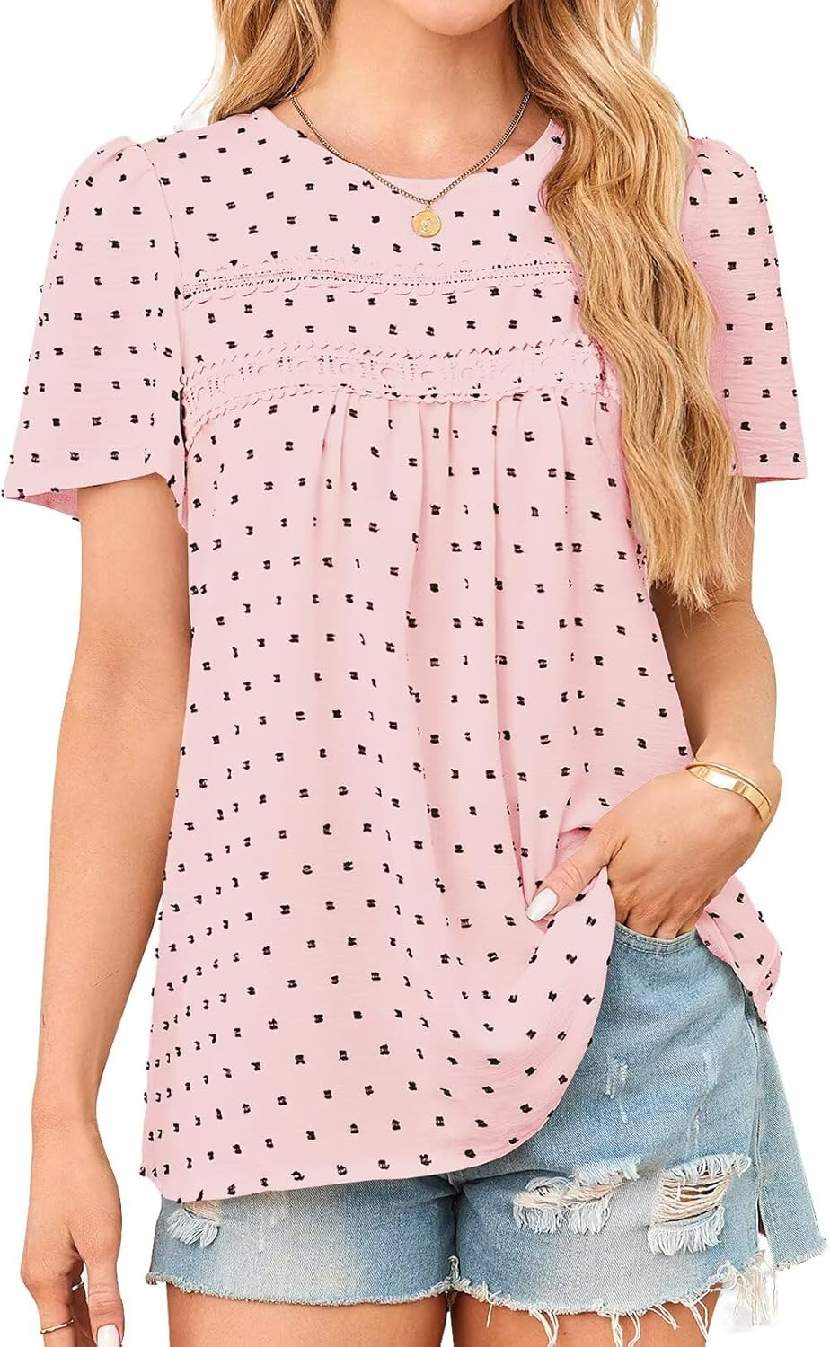 Womens Summer Tops Crewneck Short Sleeve Casual Chiffon Blouses