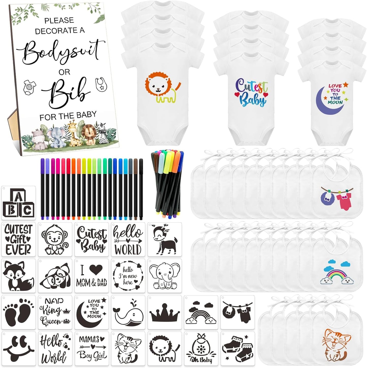 82 Pcs Baby Bib Bodysuit Set for Fun Baby Shower Activities