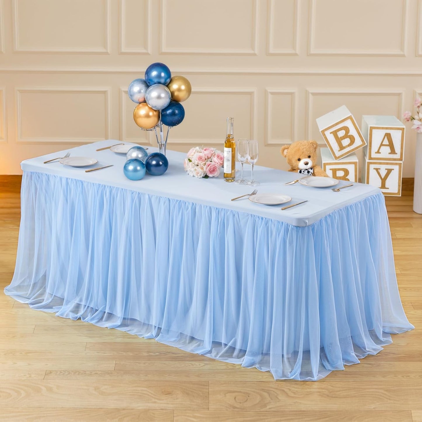 Elegant 8ft Baby Blue Tulle Tablecloth for Special Events