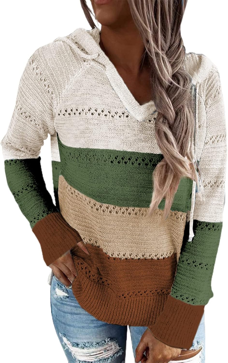 BLENCOT Women Color Block Hooded Crochet Striped Sweaters Review