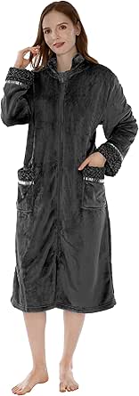 Plush Warm Fleece Zip Up Robe for Women with Pockets
