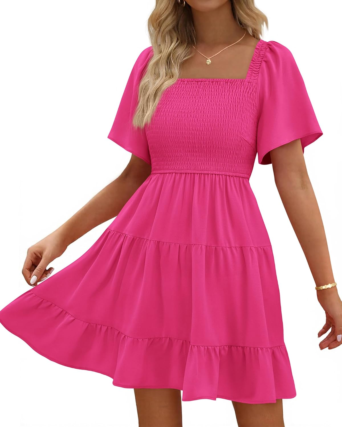 BTFBM Women's Summer Smocked Mini Dress with Pockets and Ruffles