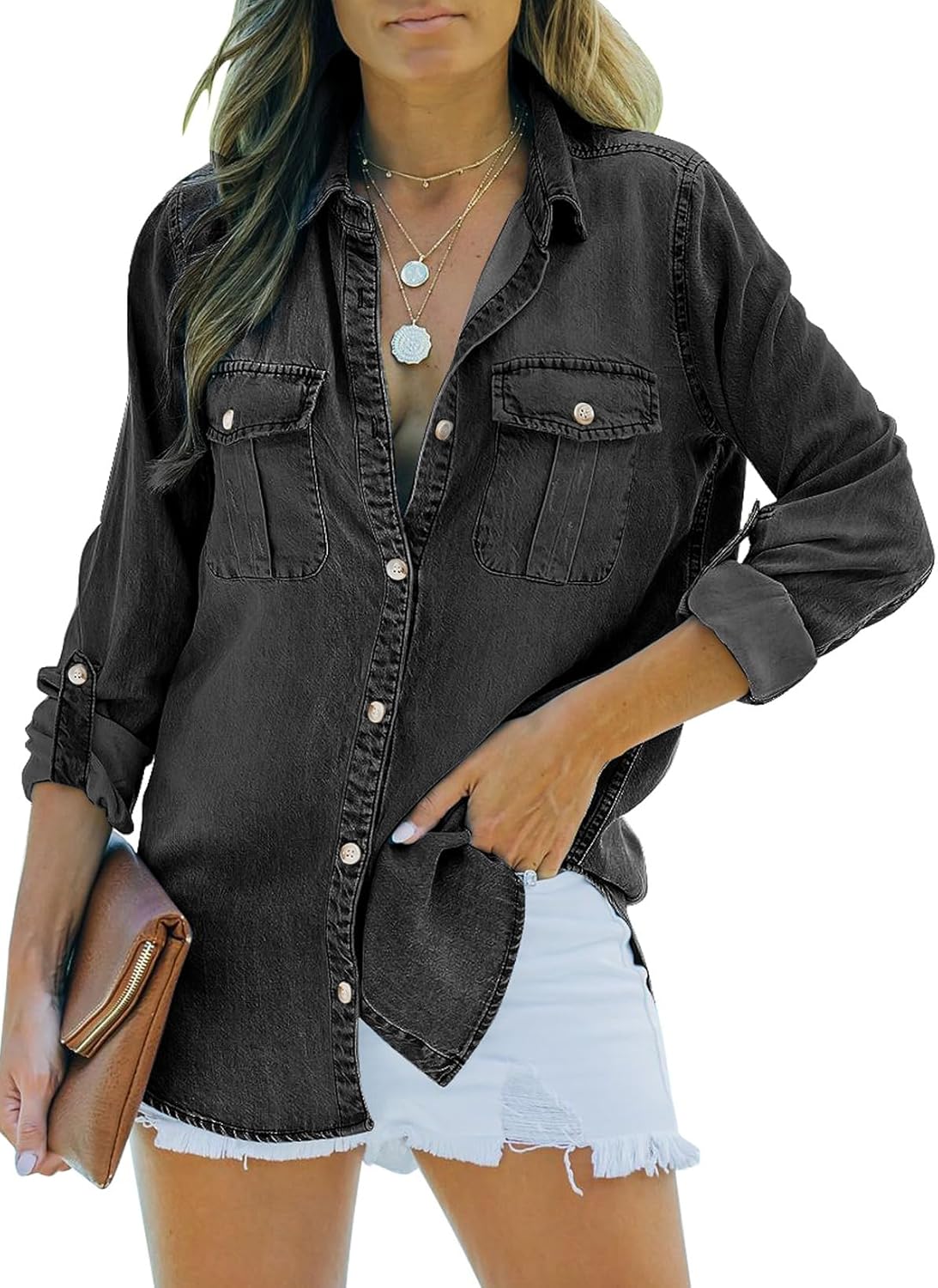 Sidefeel Women's Denim Top Long Sleeve Jean Shirt for Style
