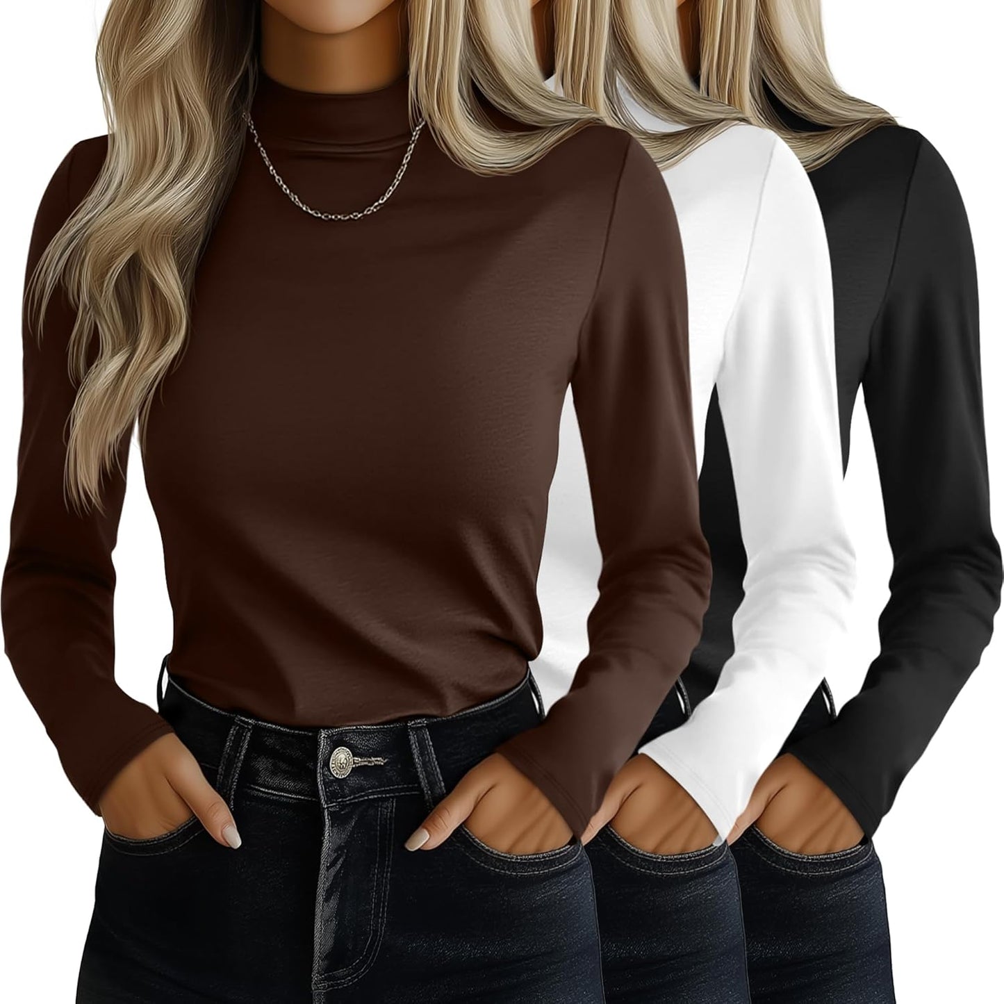 Ficerd 3 Pack Women's Mock Turtleneck Shirts for Stylish Comfort