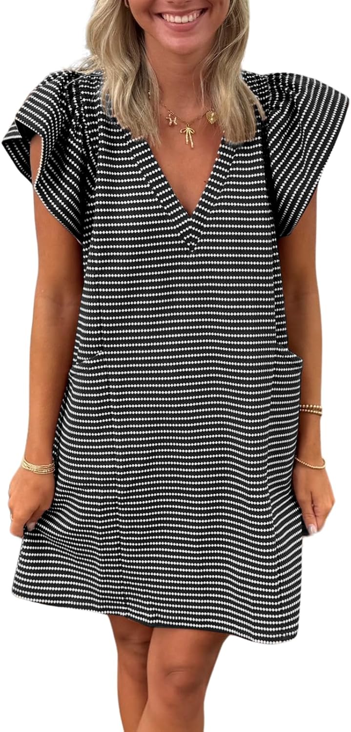 Striped V-Neck Mini Dress for Women with Pockets & Style