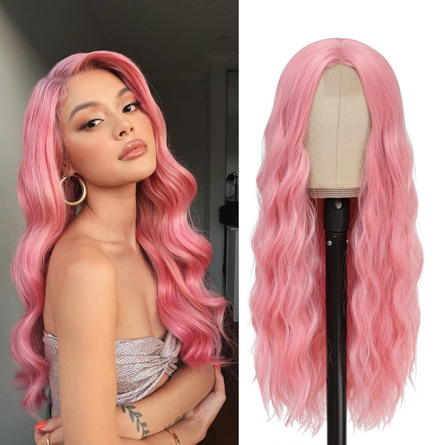 Long Pink Wavy Wig for Women - 26 Inch Natural Curly Style