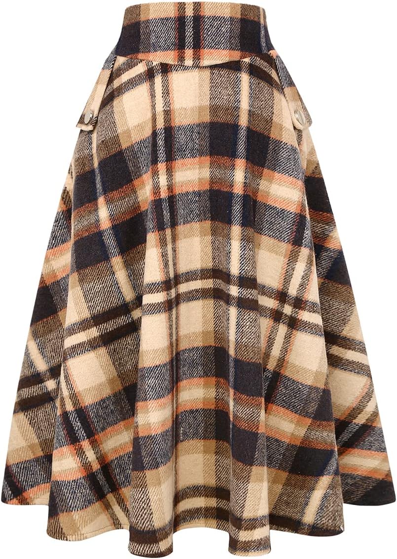 IDEALSANXUN Womens High Waisted Wool Plaid A-line Long Skirt