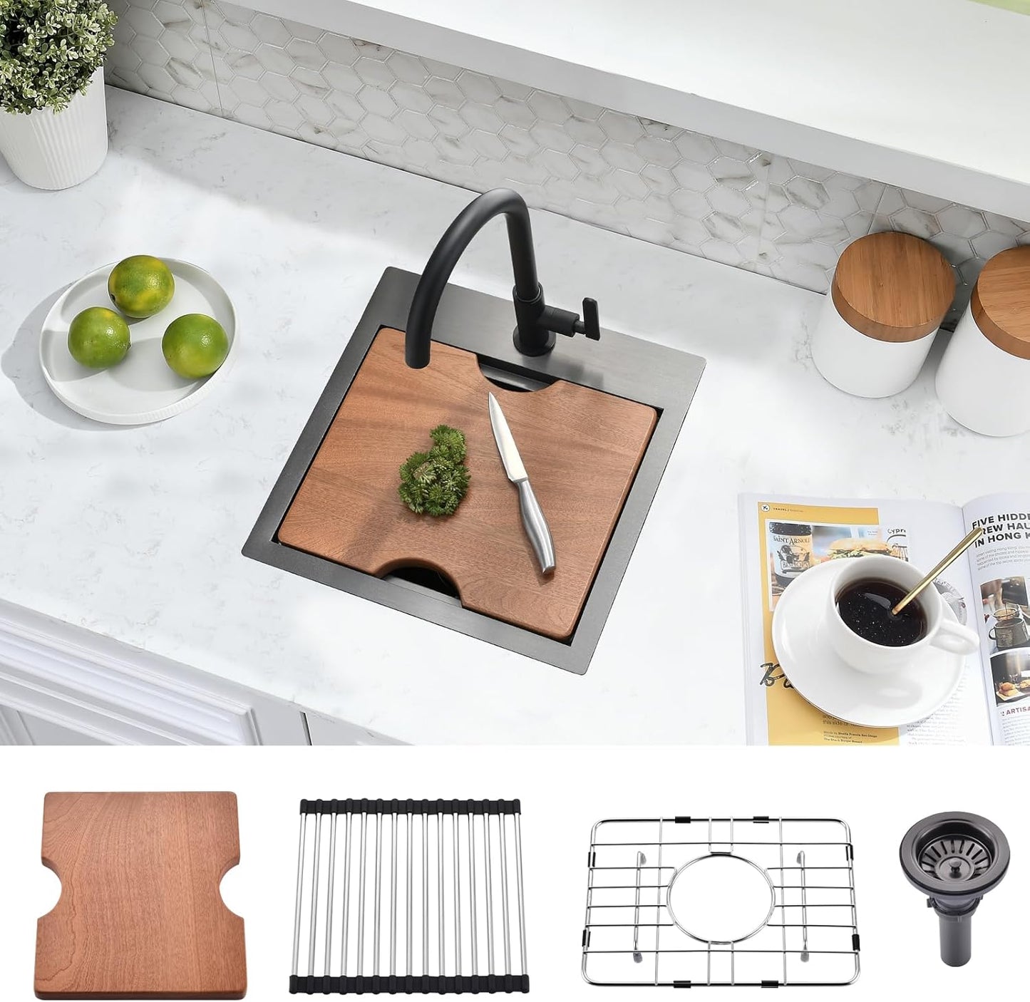 15x15 Black Bar Sink Drop In - 16 Gauge Stainless Steel Sink