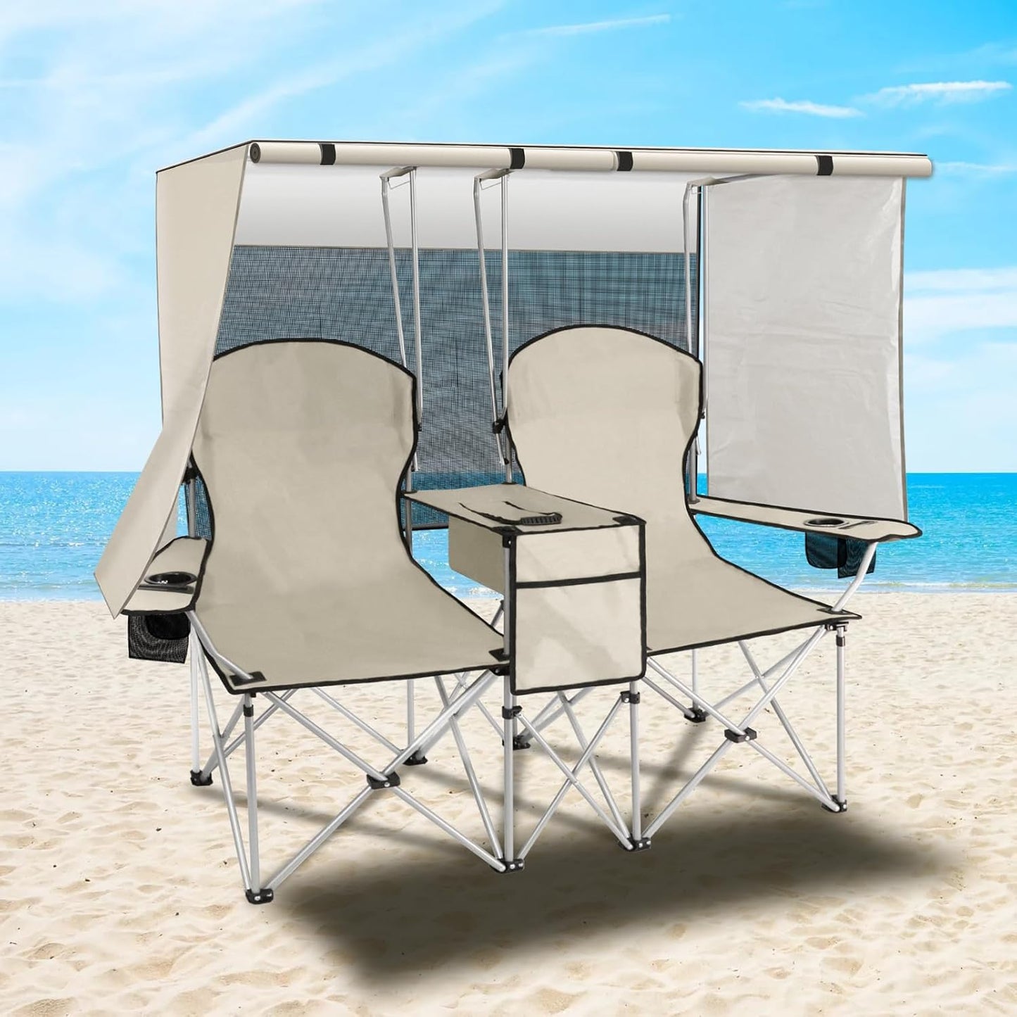 Portable Double Camping Chair with Canopy Shade for Comfort