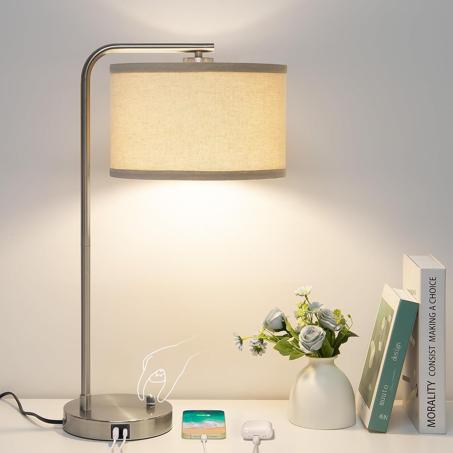 Modern Bedside Lamp with USB Ports and Dimmable Features