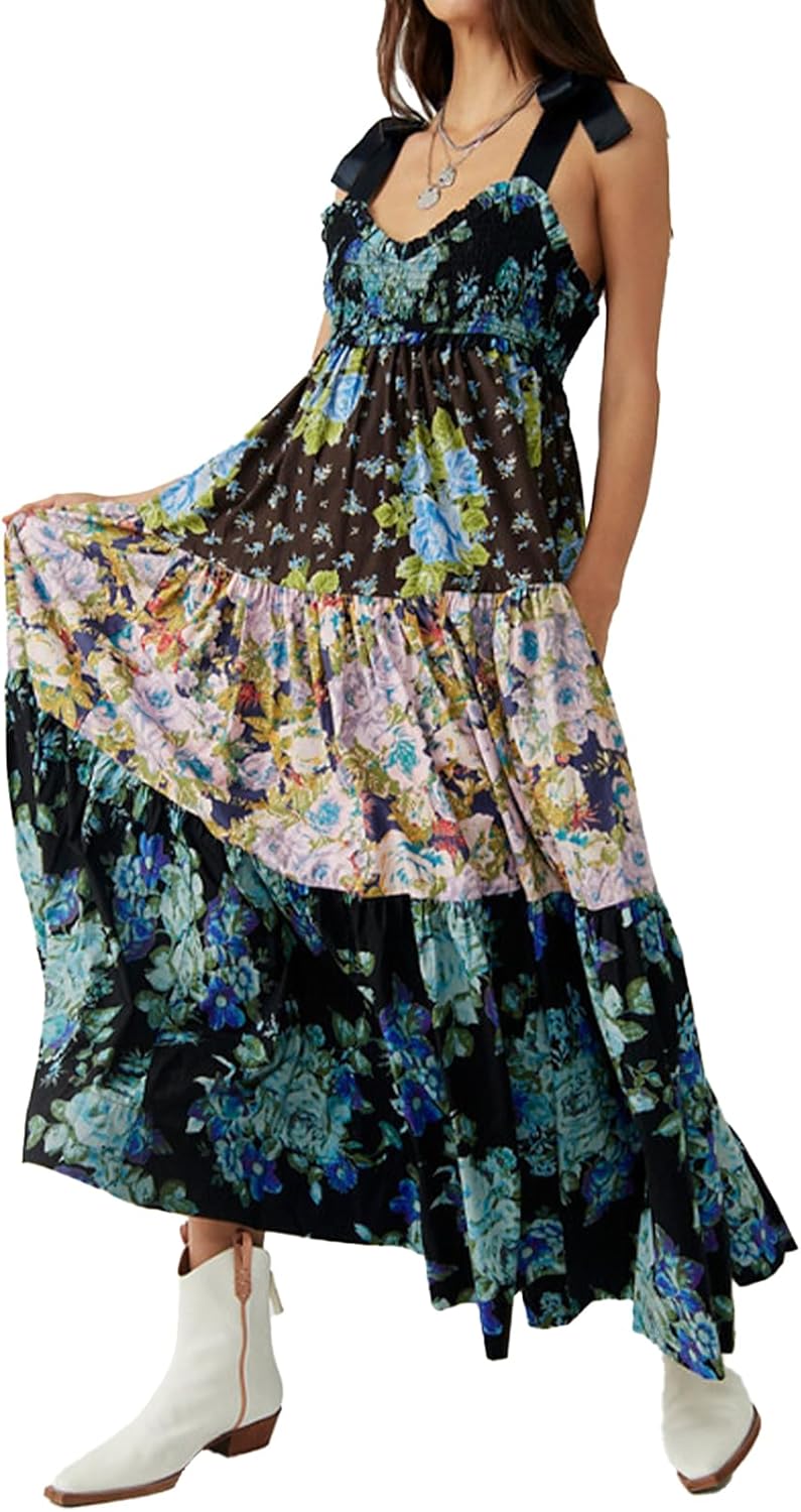 Women Floral Maxi Dress Sleeveless Tie Shoulder Bohemian Style