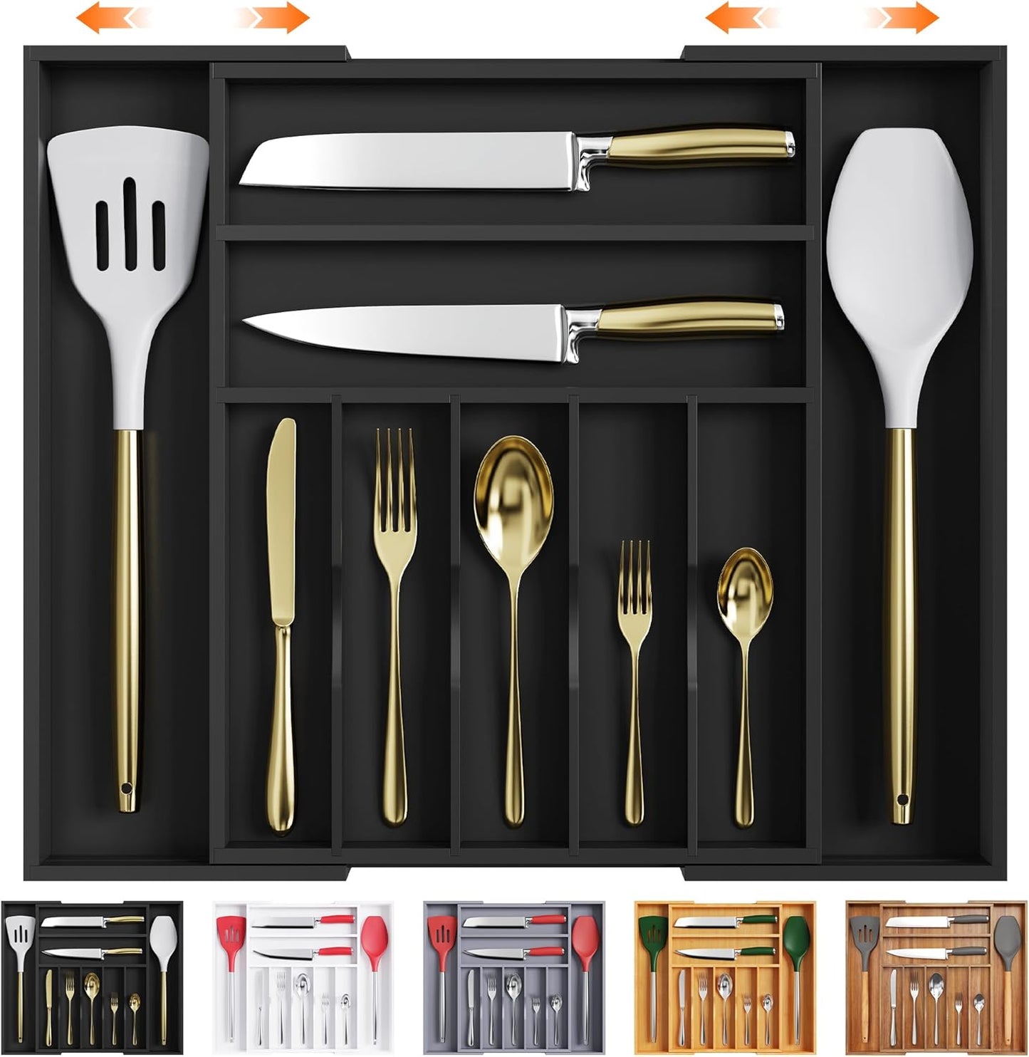 Large Premium Bamboo Silverware Organizer for Kitchen Drawers