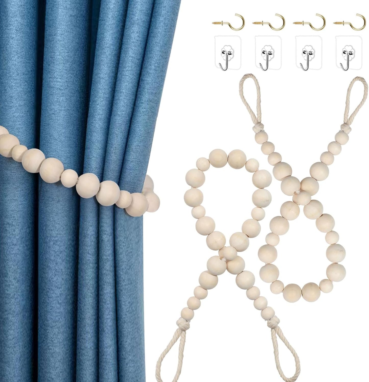 Boho Wood Bead Tiebacks - No Drilling Needed!