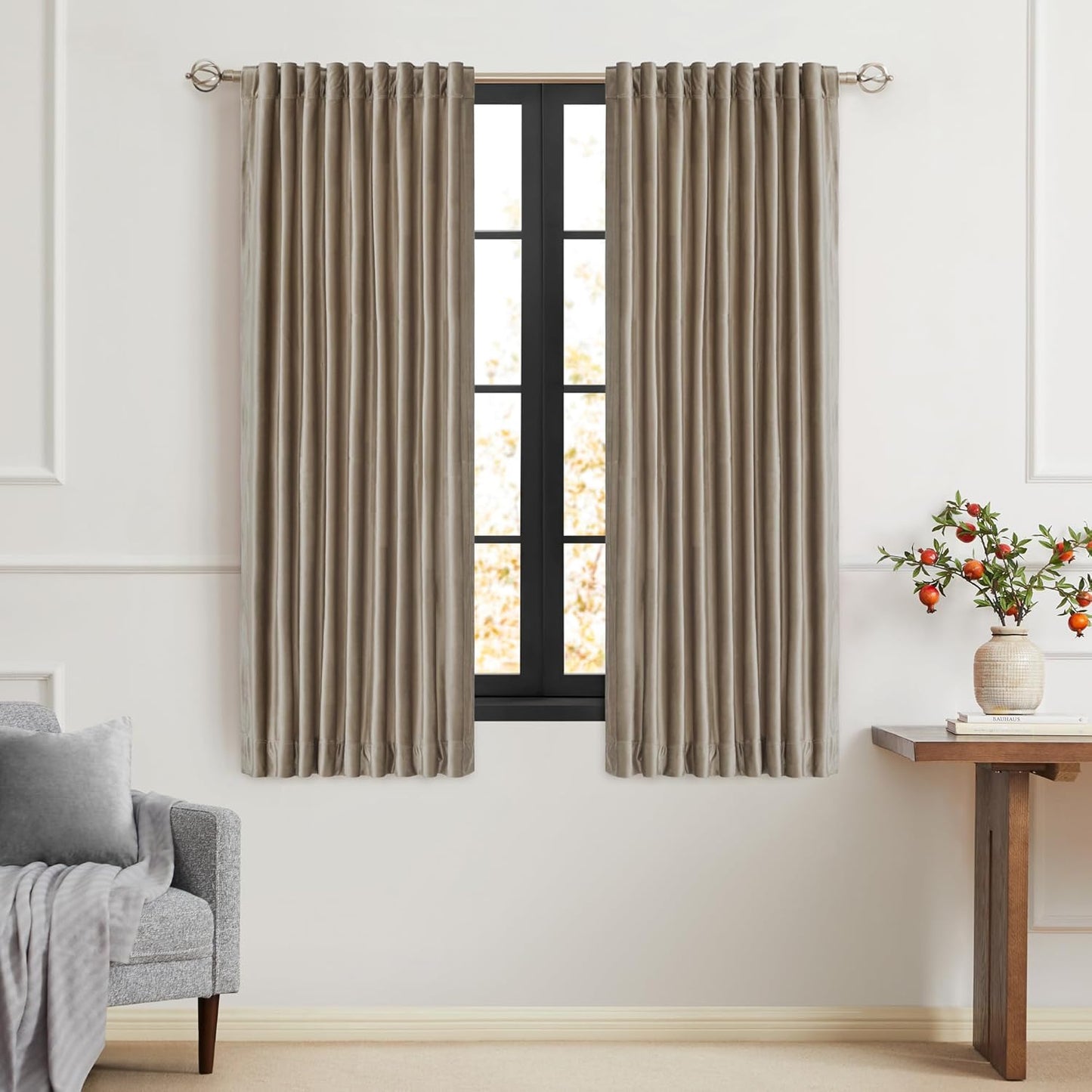 PRIMROSE Taupe Velvet Blackout Curtains for Living Room 63 in