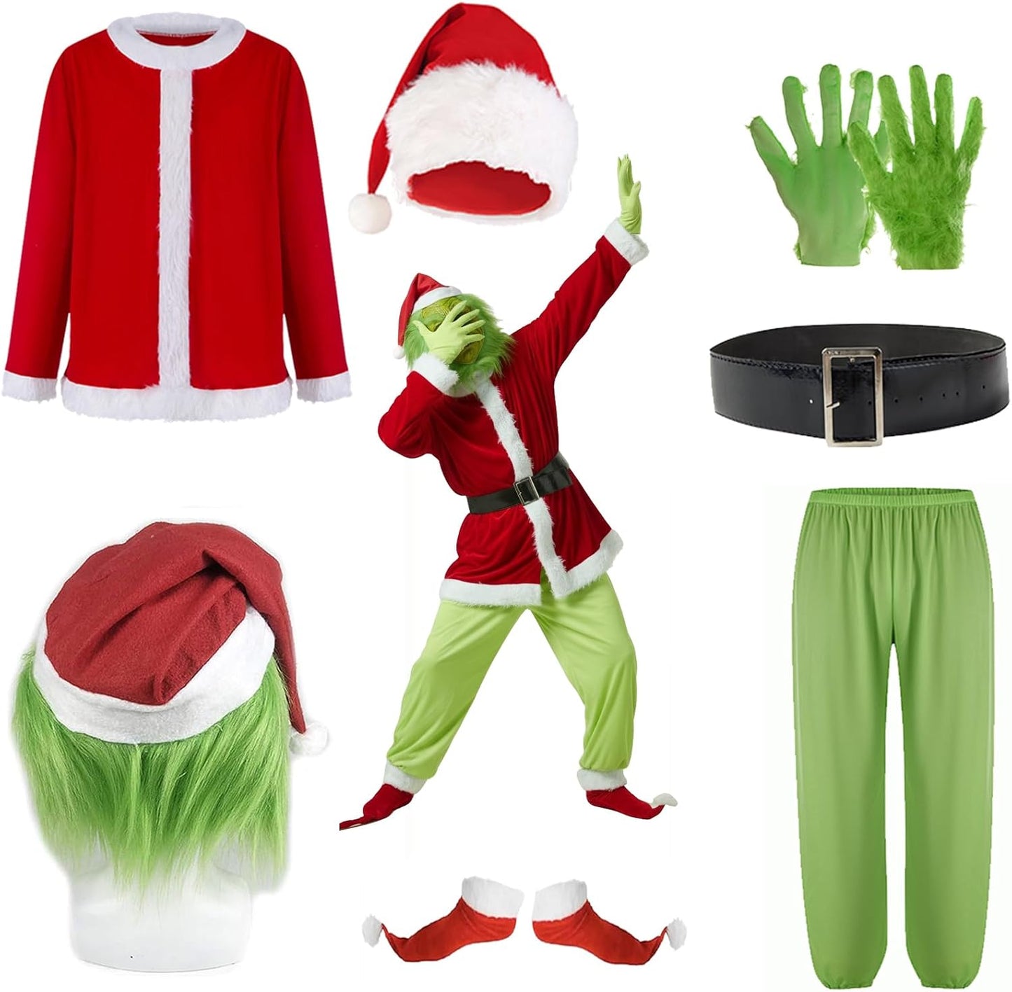 Green Santa Monster Adult Christmas Costume Set - 7PCS Outfit