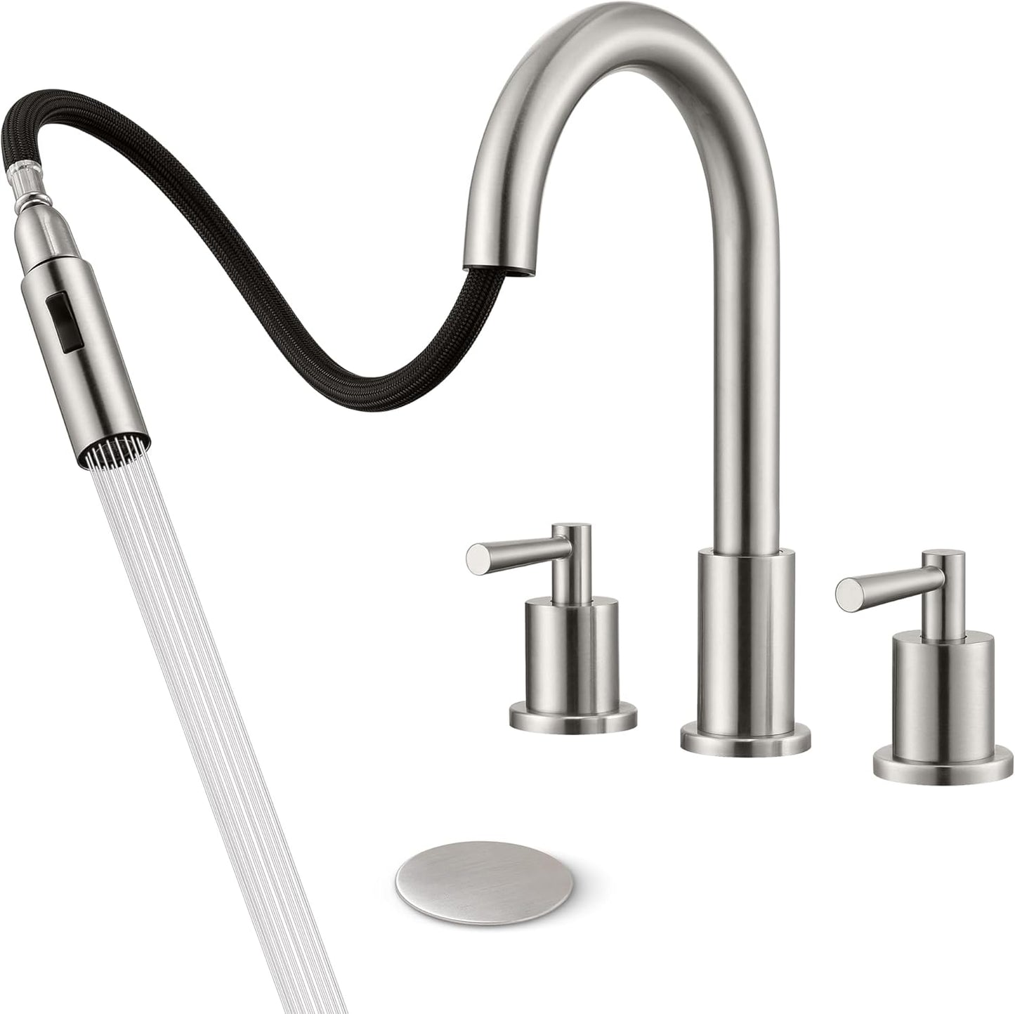 Brushed Nickel 3 Hole Bathroom Faucet with Pull Down Sprayer