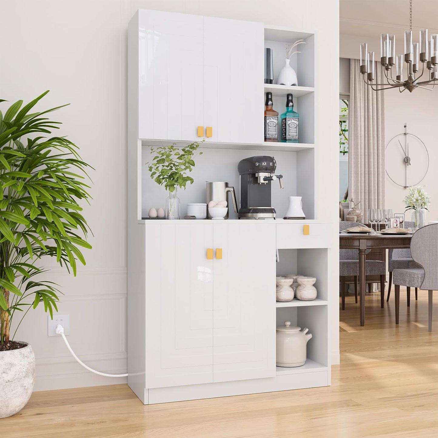 White Kitchen Pantry Cabinet with Power Outlet & Adjustable Shelves