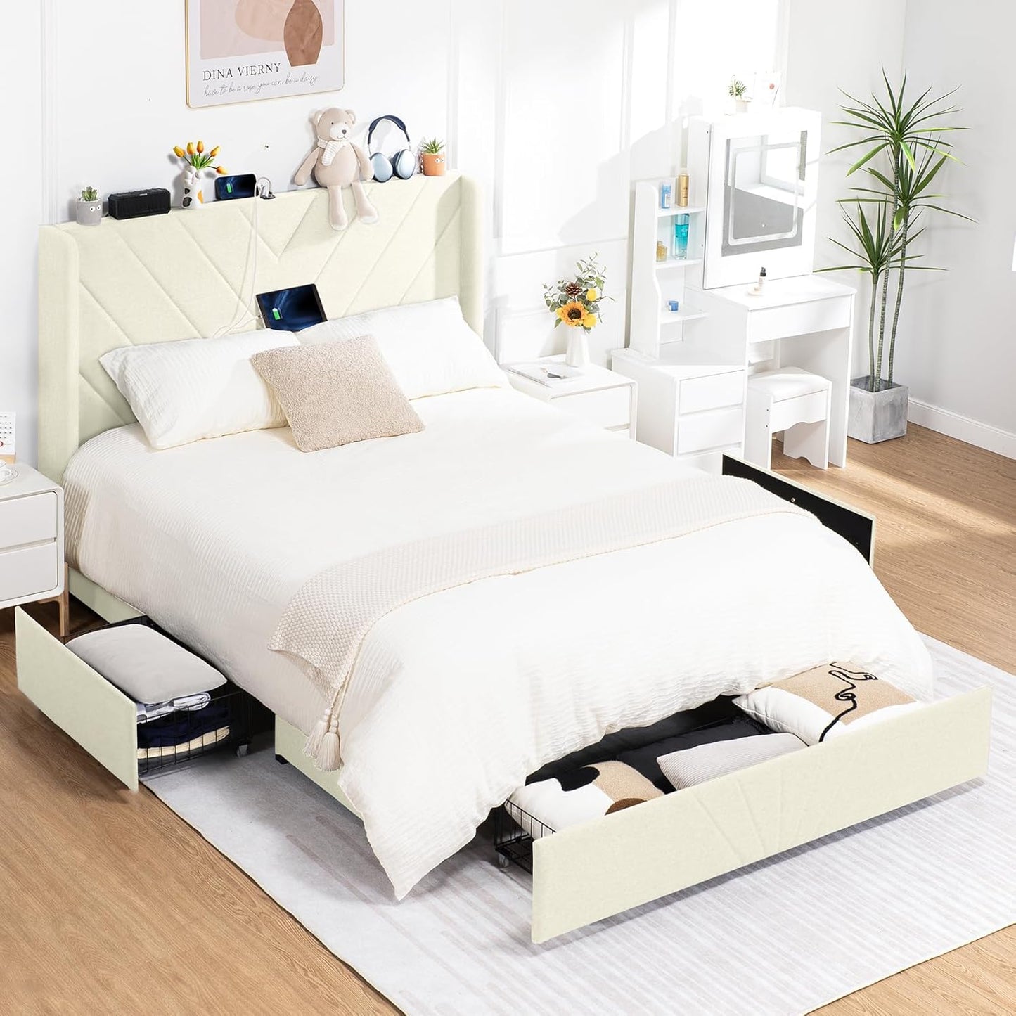 COMHOMA Queen Size Metal Bed Frame with Storage & Charging Ports