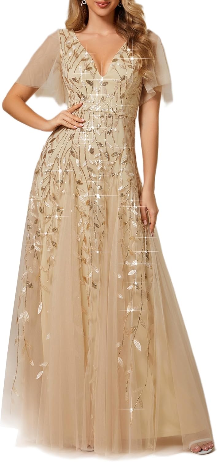 Stunning Sequin Sparkly V-Neck A-Line Evening Dress for All Occasions