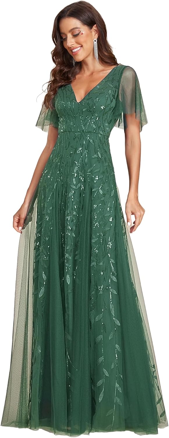 Stunning Sequin Sparkly V-Neck A-Line Evening Dress for All Occasions