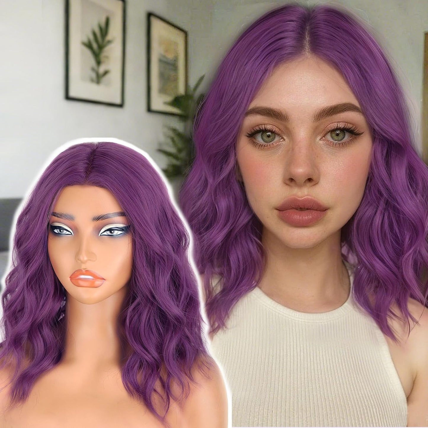 14 Inch Purple Wigs for Women - Natural Wavy Bob Style