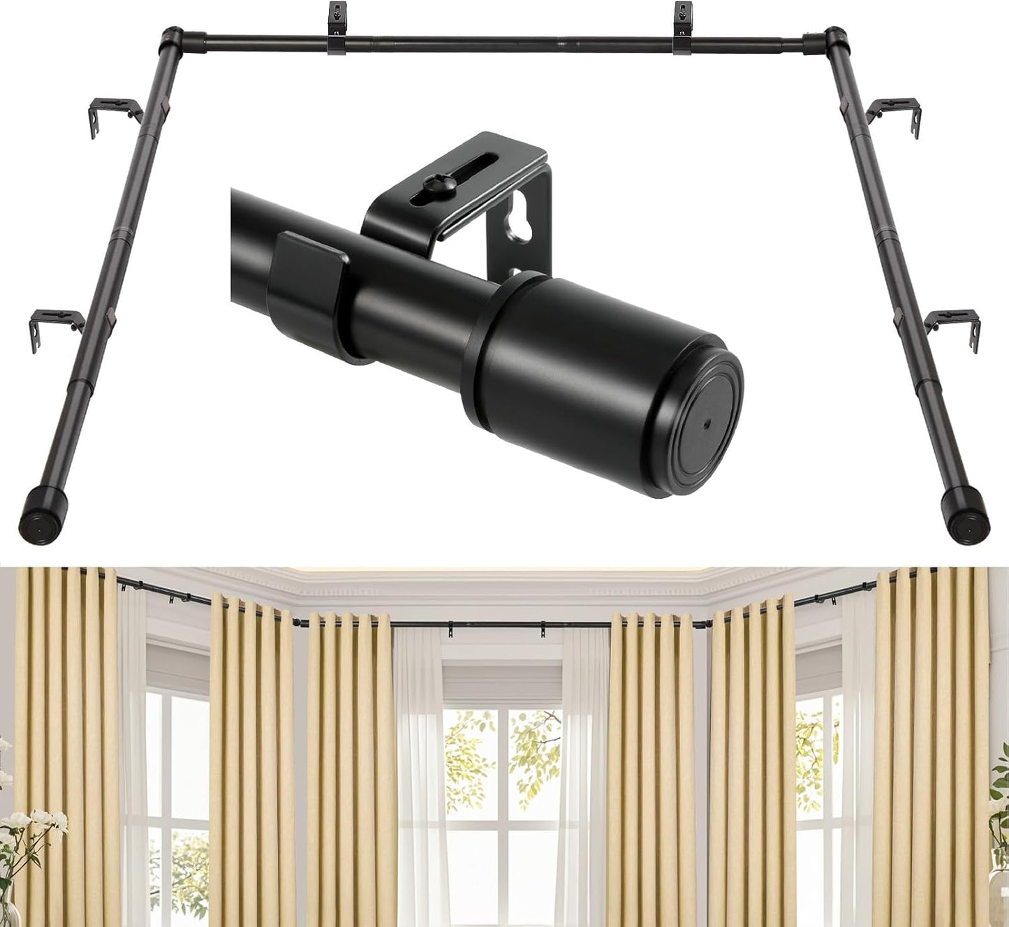 Adjustable Bay Window Curtain Rod Set - Flexible Design for Perfect Fit