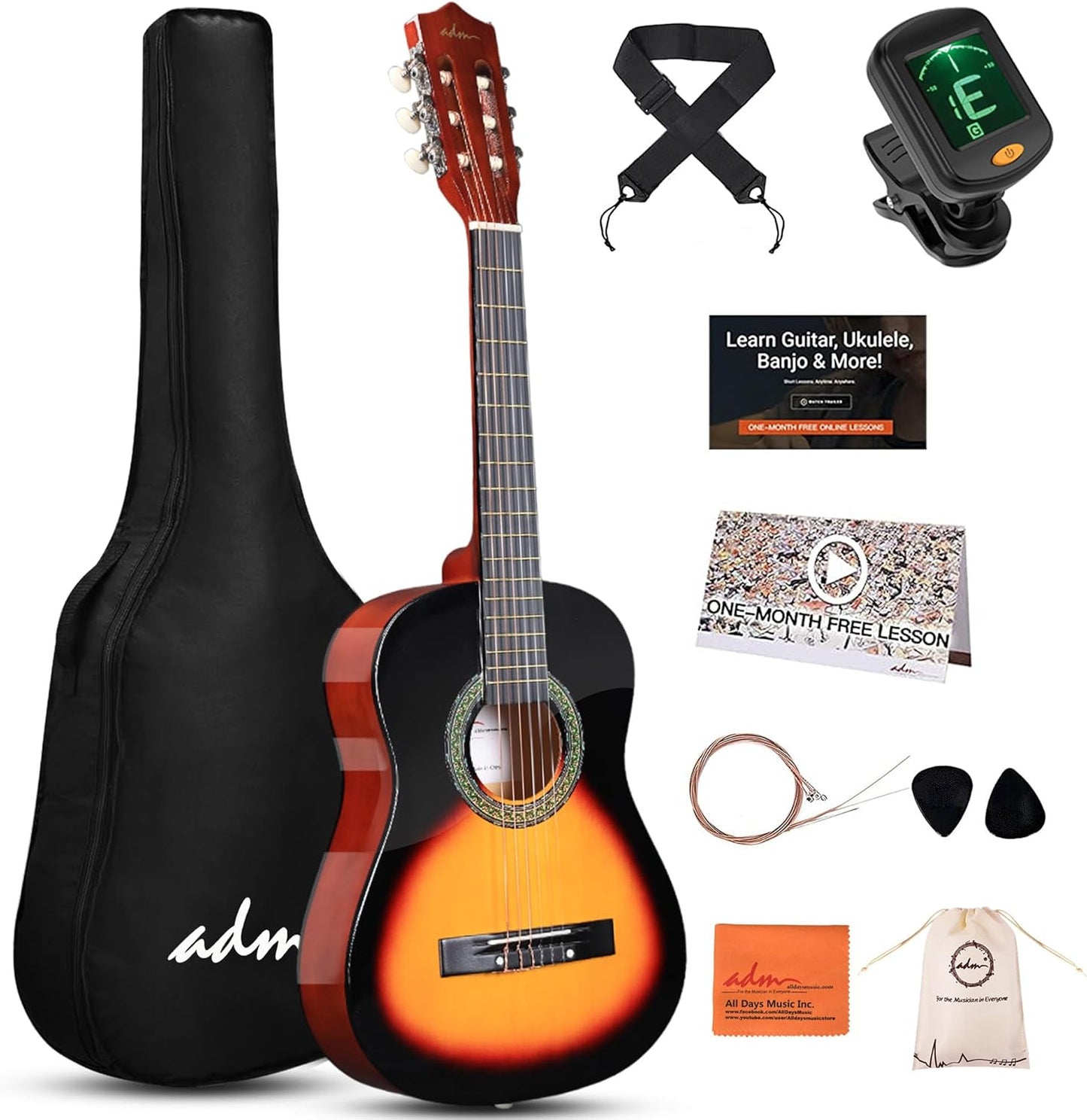 ADM Beginner Acoustic Classical Guitar Bundle for Kids and Students
