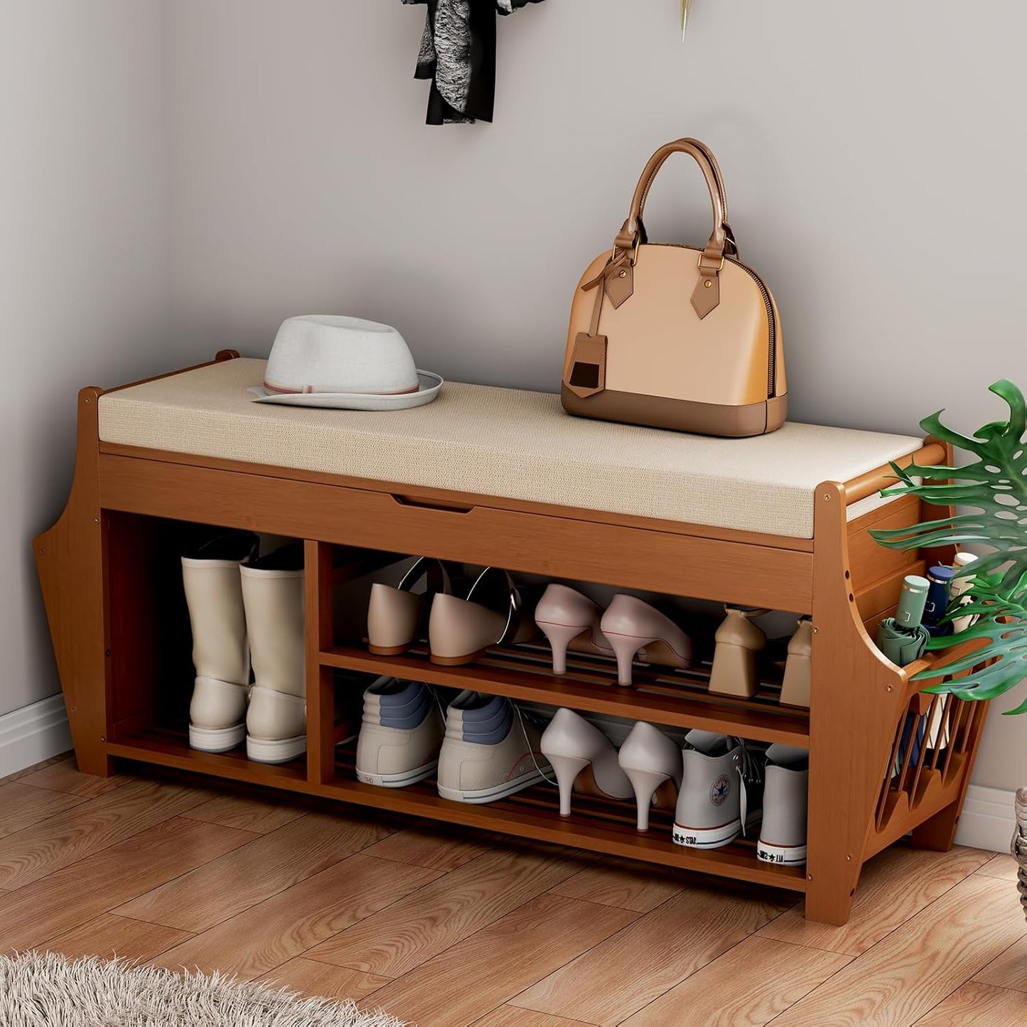 47.2in Bamboo Shoe Bench Entryway with Storage and Cushion