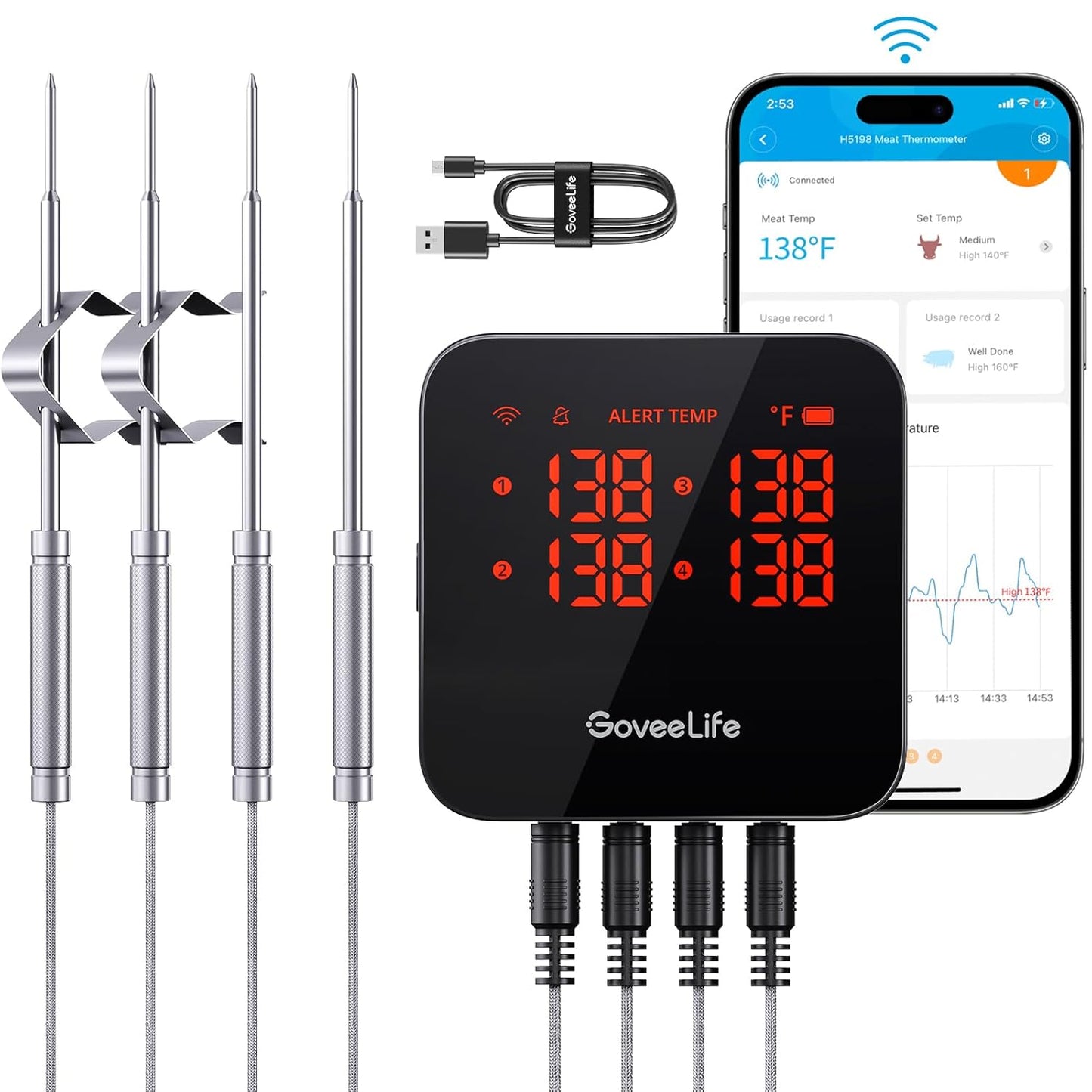 Wireless Smart Meat Thermometer - 4 Probes, APP Alerts