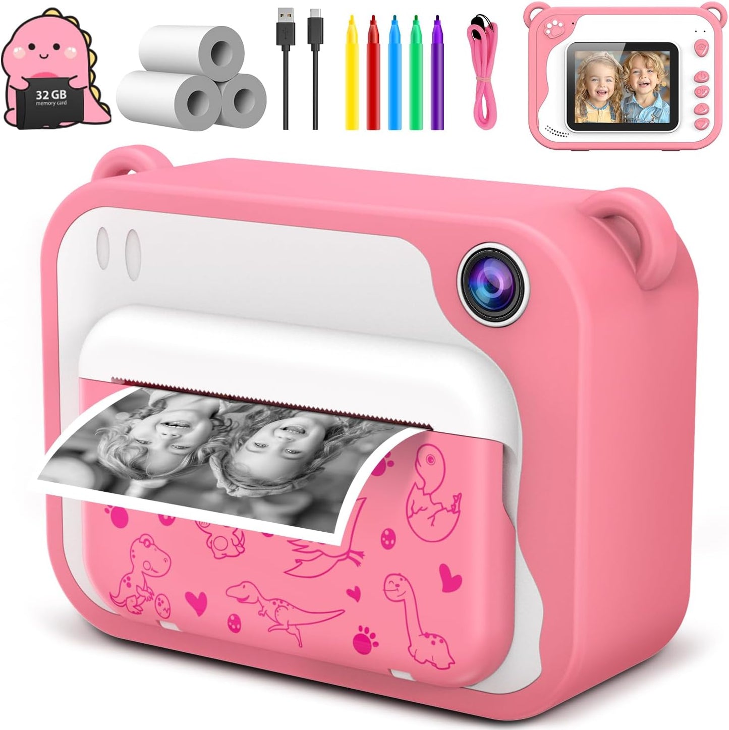 Ink-Free Instant Print Dino Cam for Kids 3-12: Fun Christmas/Birthday Gift!