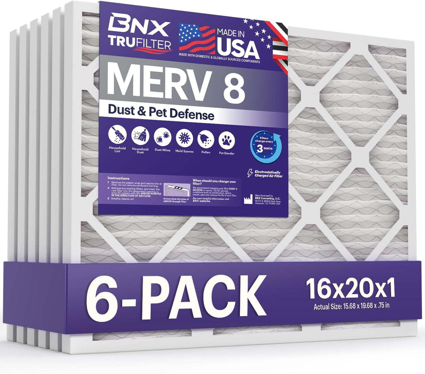 BNX TruFilter 16x20x1 Air Filter MERV 8 for Cleaner Air