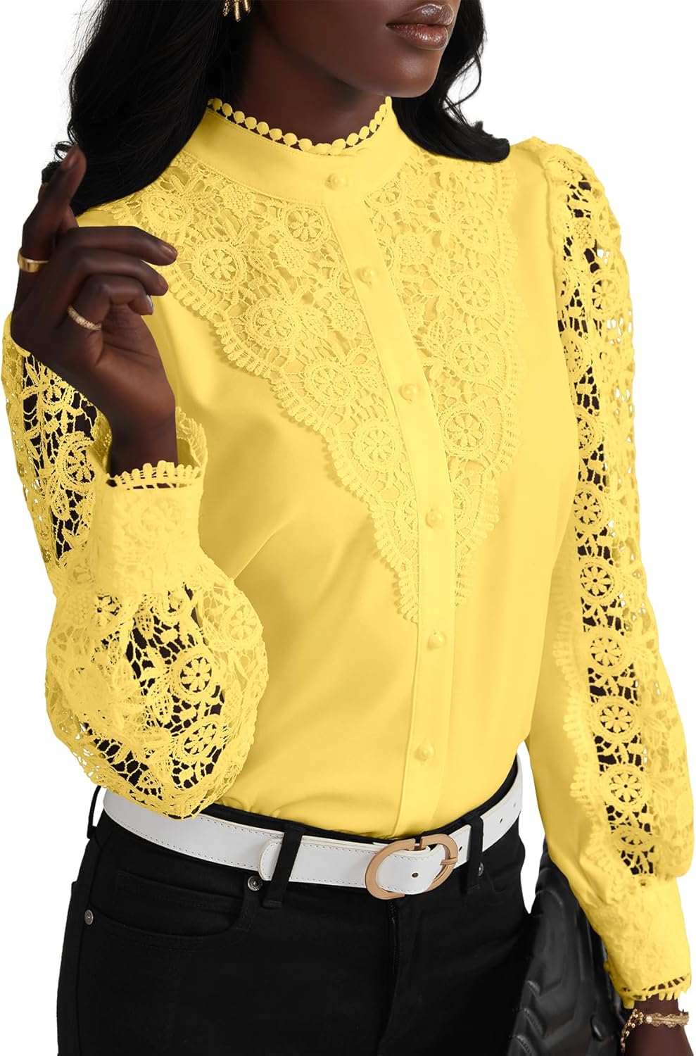 Elegant Women's Lace Crochet Mock Neck Long Sleeve Blouse Top