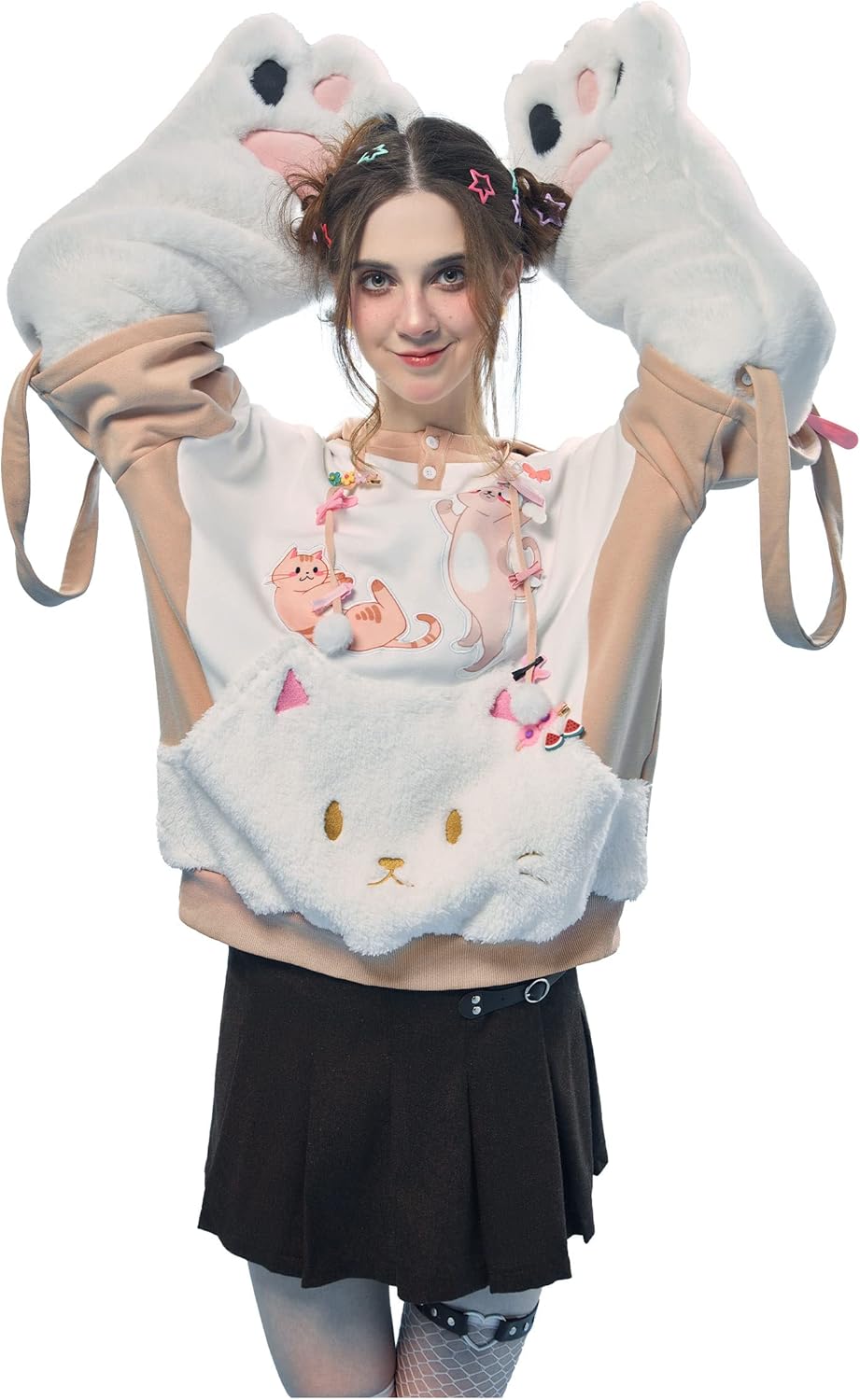 Cute Khaki Cat Hoodie - Detachable Bag, Furry Cat Paw Gloves