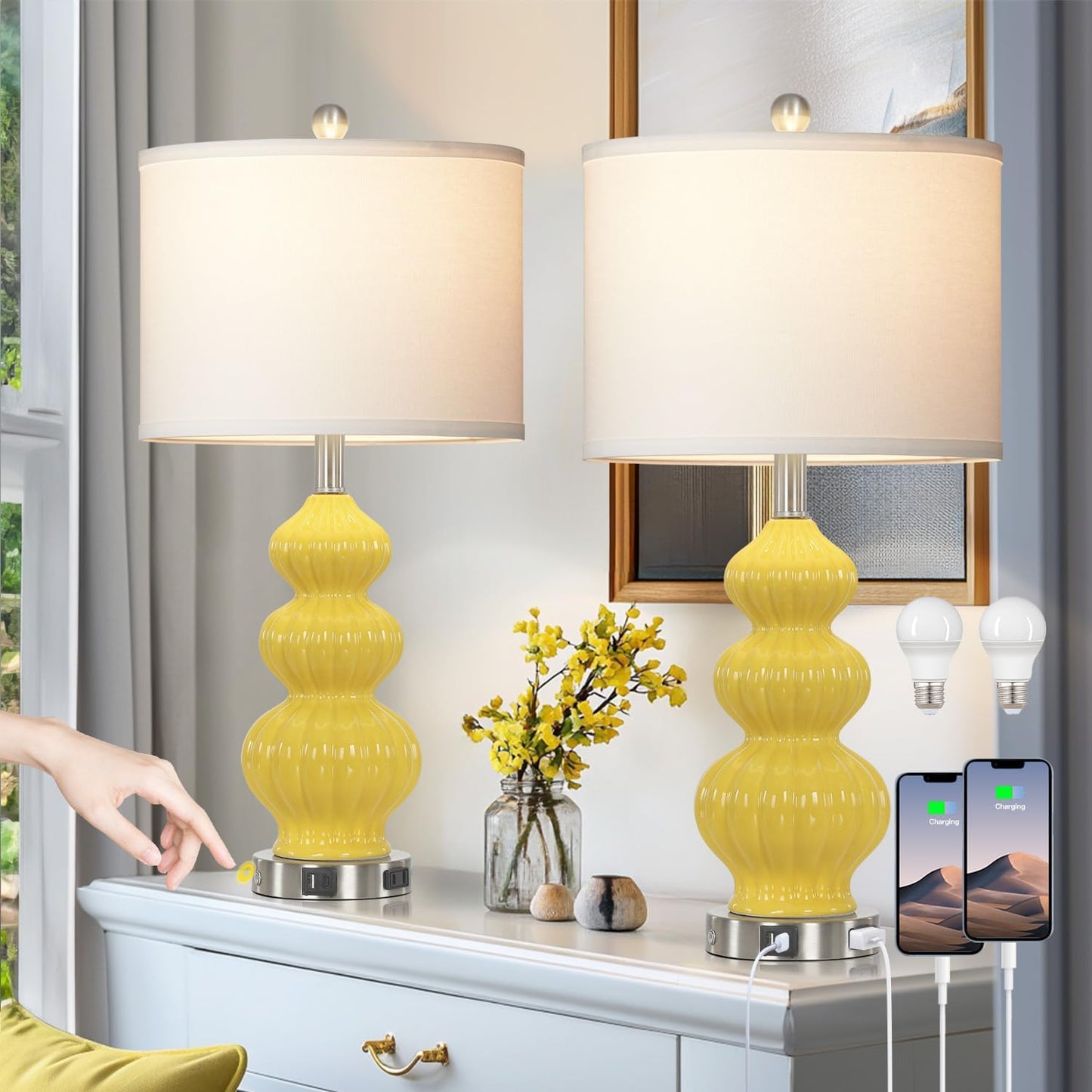 26 Inch Set of 2 Yellow Ceramic Table Lamps with USB Ports