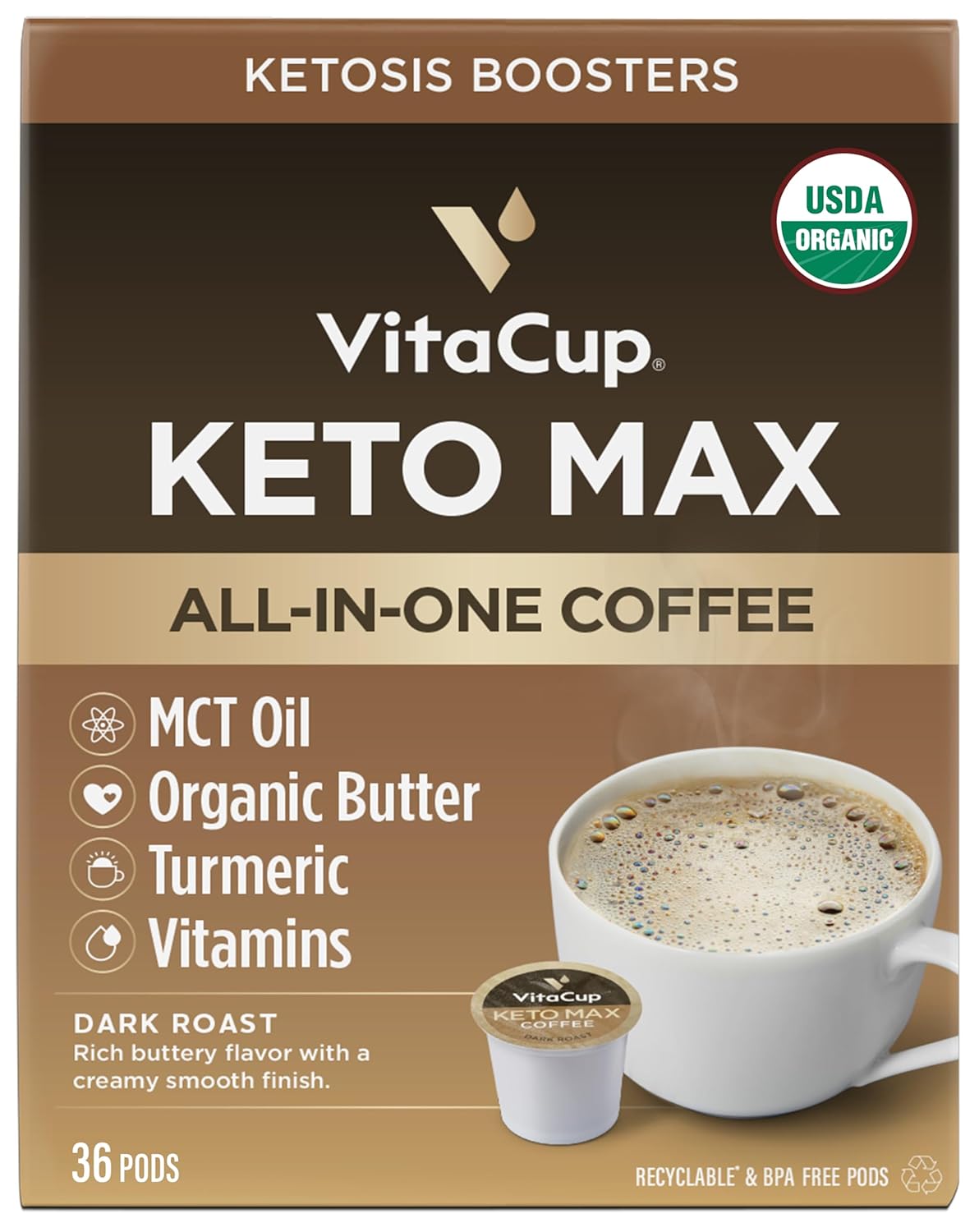 VitaCup Keto Max Dark Roast Coffee Pods for Energy & Health