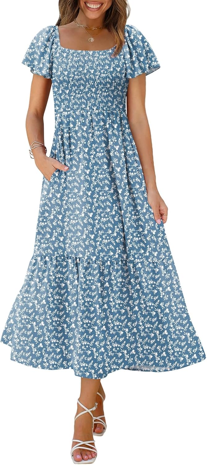 OFEEFAN Summer Dresses for Women with Ruffle Sleeves and Pockets