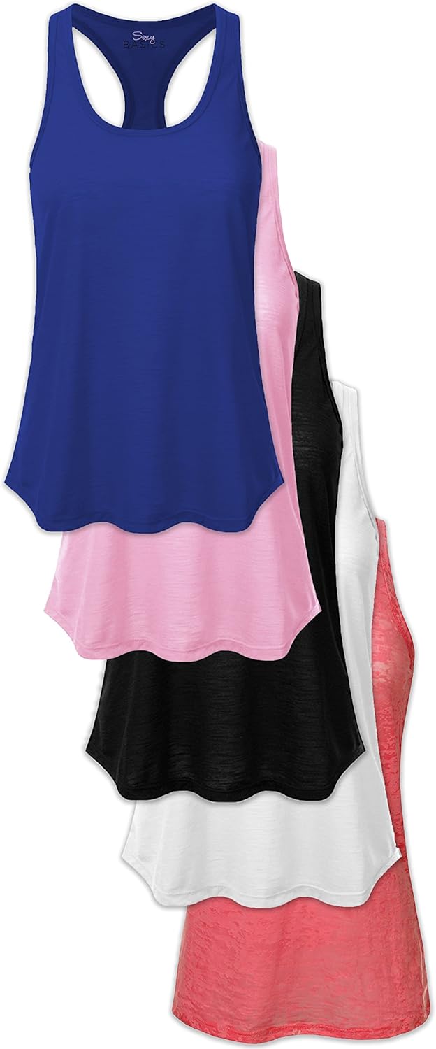 Women's 5 Pack Everyday Flowy Burnout Racer Back Active Tanks